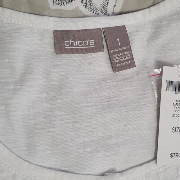 Chico's Off White Cotton Tank w/Embroidery & Button Detail Medium NWT - Picture 6 of 8